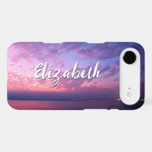 Purple Pink Ocean Sunset Photo Name Script Stylish iPhone 17 Air Case