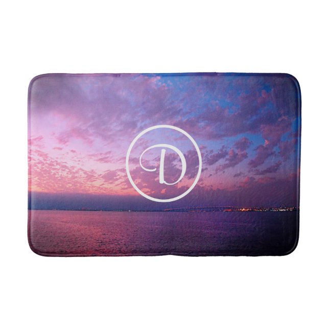 Purple pink ocean sunset photography monogram bold bathroom mat (Front)