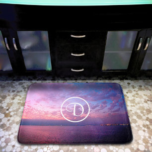 Purple pink ocean sunset photography monogram bold bathroom mat