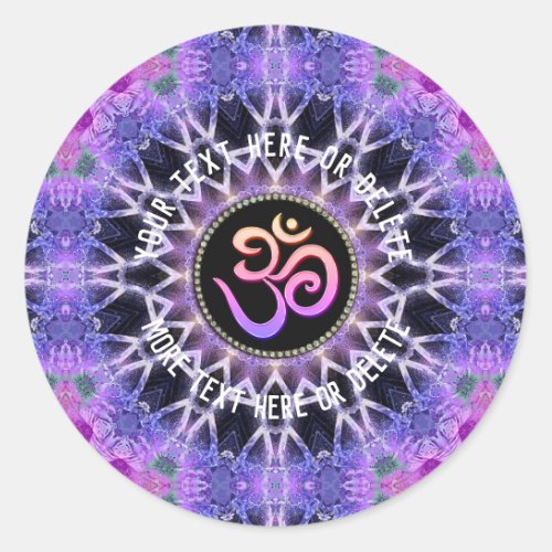 Purple Pink Om Mandala with custom curved text Classic Round Sticker