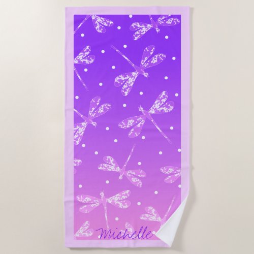 Purple pink ombre dragonfly pattern name beach towel