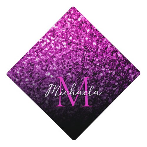 Purple pink ombre faux glitter sparkle Monogram Graduation Cap Topper