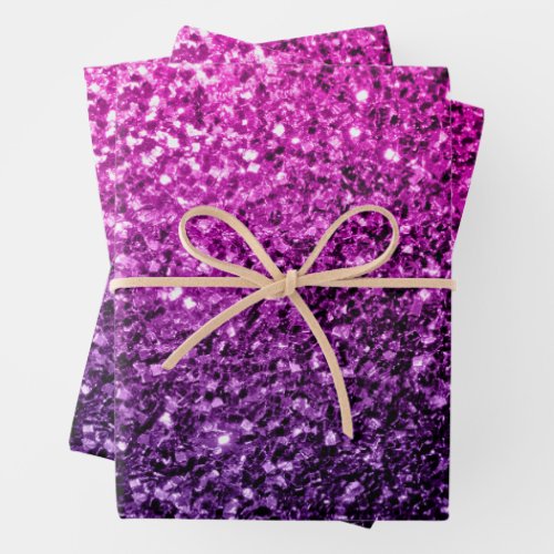 Purple pink ombre faux glitter sparkles bling wrapping paper sheets