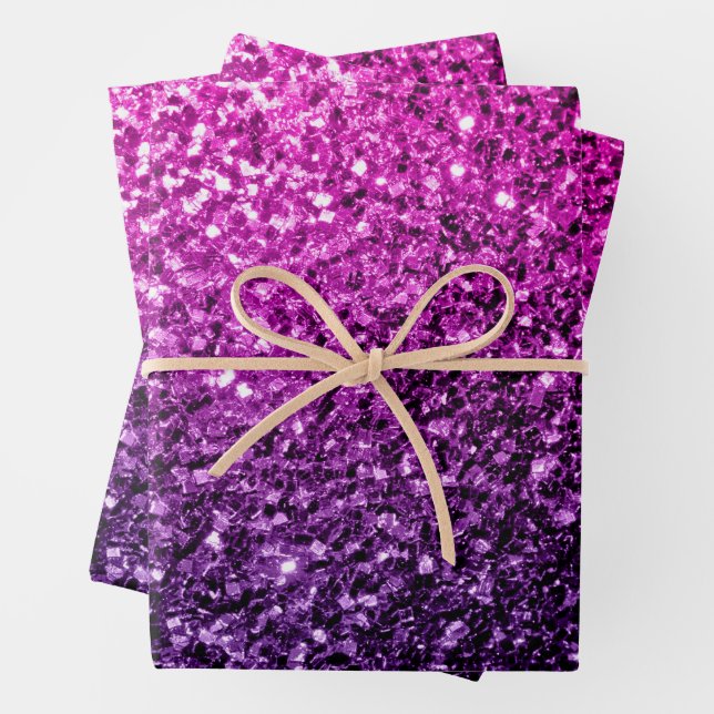 Purple pink ombre faux glitter sparkles bling wrapping paper sheets (In situ)