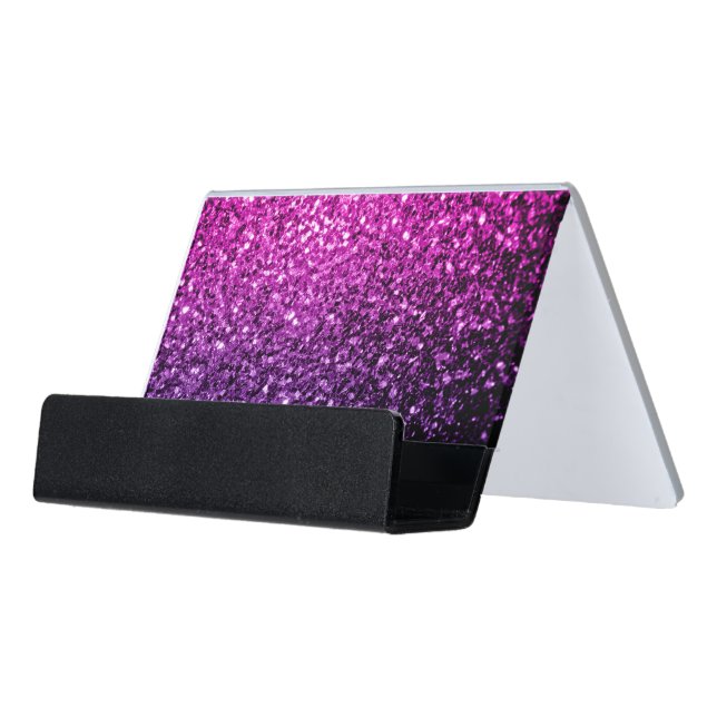 Purple Pink Ombre faux glitter sparkles Desk Business Card Holder (Angled Front)