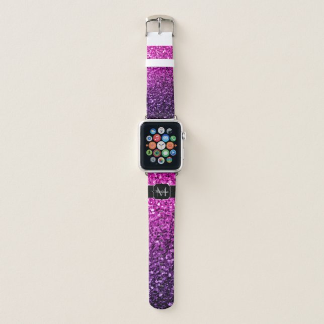 Purple Pink Ombre faux glitter sparkles Monogram Apple Watch Band (Front)