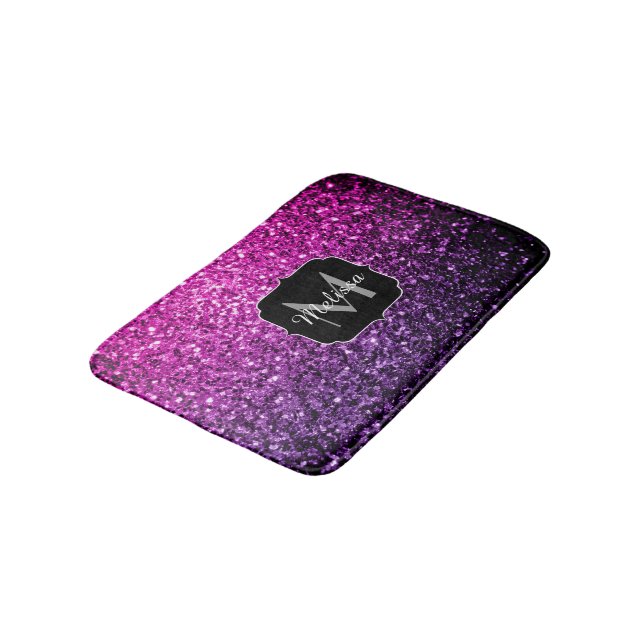 Purple Pink Ombre faux glitter sparkles Monogram Bathroom Mat (Angled)