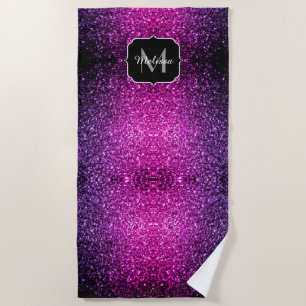 Purple Pink Ombre faux glitter sparkles Monogram Beach Towel