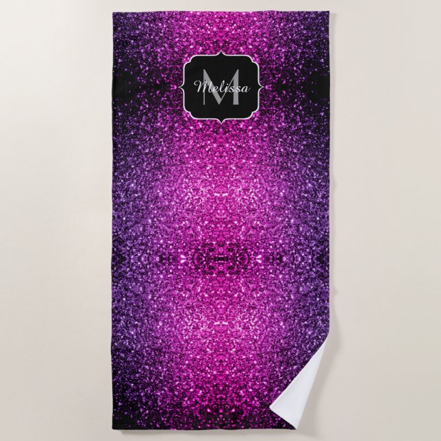Purple Pink Ombre faux glitter sparkles Monogram Beach Towel (Front)