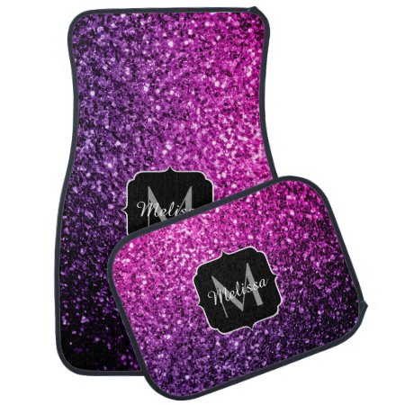 Purple Pink Ombre Faux Glitter Sparkles Monogram Car Floor Mat
