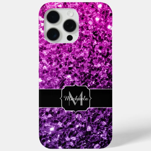 Purple pink ombre faux glitter sparkles Monogram iPhone 15 Pro Max Case
