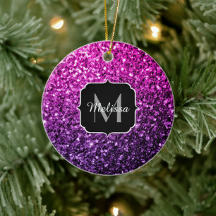 Purple Pink Ombre faux glitter sparkles Monogram Ceramic Ornament