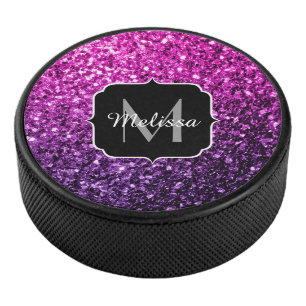 Purple Pink Ombre faux glitter sparkles Monogram Hockey Puck