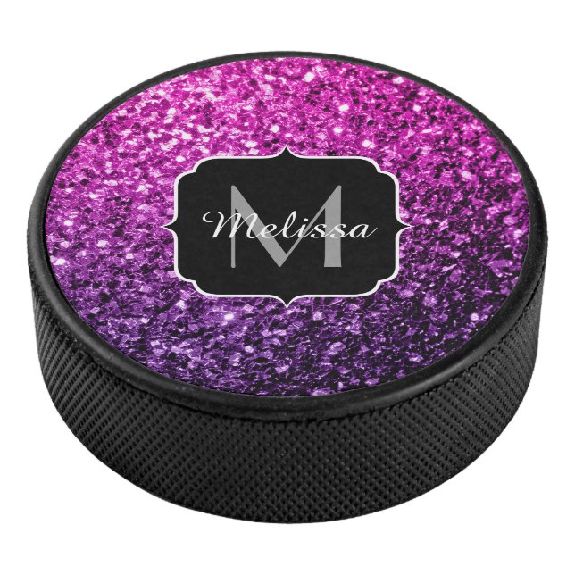 Purple Pink Ombre faux glitter sparkles Monogram Hockey Puck (3/4)