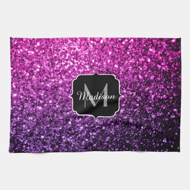 Purple Pink Ombre faux glitter sparkles Monogram Kitchen Towel (Horizontal)