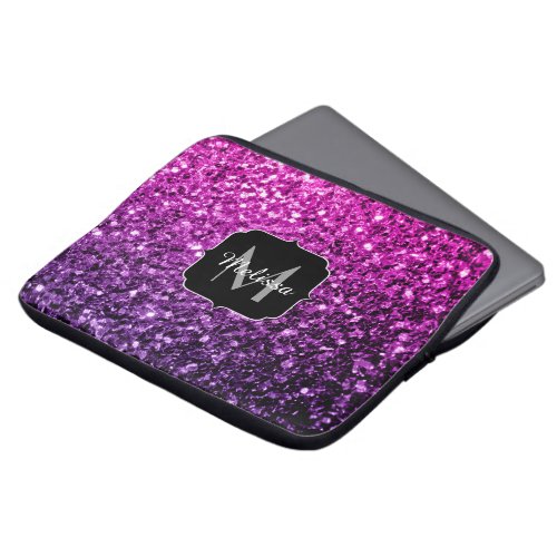 Purple Pink Ombre faux glitter sparkles Monogram Laptop Sleeve