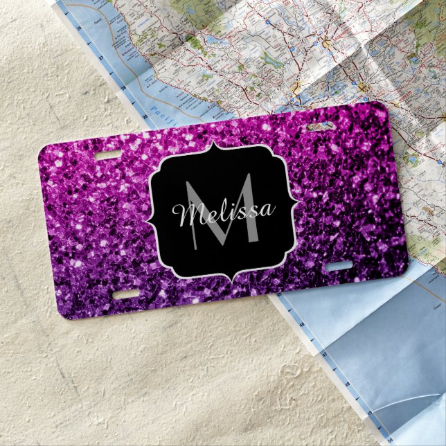 Purple Pink Ombre faux glitter sparkles Monogram License Plate (In Situ)