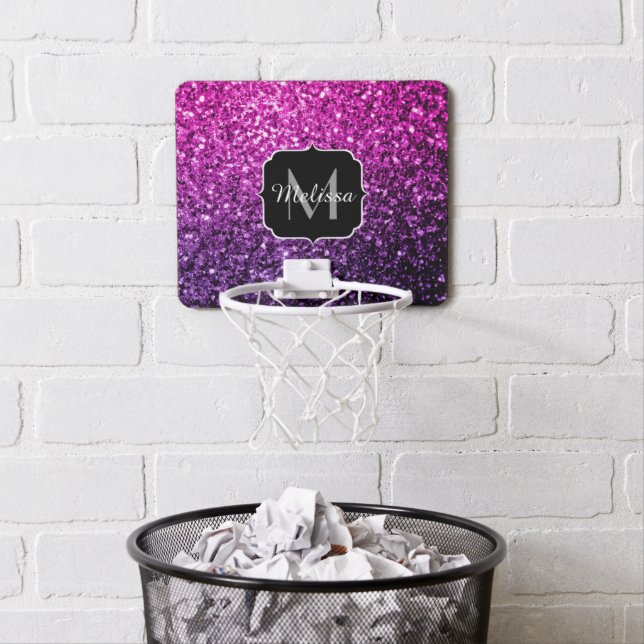 Purple Pink Ombre faux glitter sparkles Monogram Mini Basketball Hoop (In Situ)