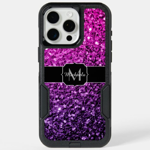 Purple pink ombre faux glitter sparkles Monogram iPhone 15 Pro Max Case
