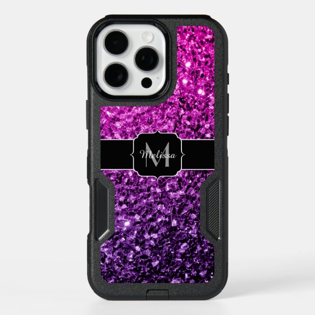 Purple Pink Ombre faux glitter sparkles Monogram Otterbox iPhone Case (Back)