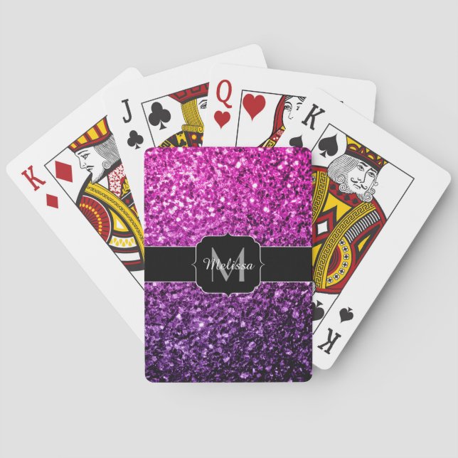 Purple Pink Ombre faux glitter sparkles Monogram Poker Cards (Back)