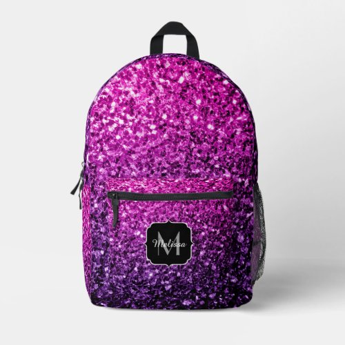 Purple pink ombre faux glitter sparkles Monogram Printed Backpack
