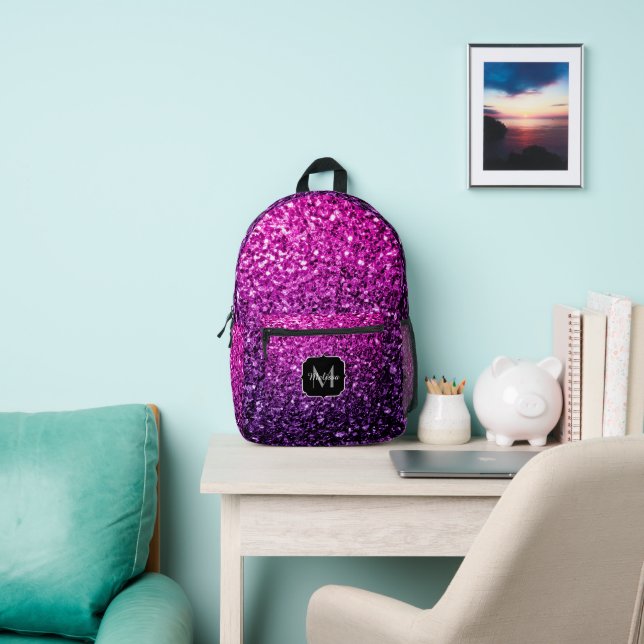 Purple pink ombre faux glitter sparkles Monogram Printed Backpack (Insitu)