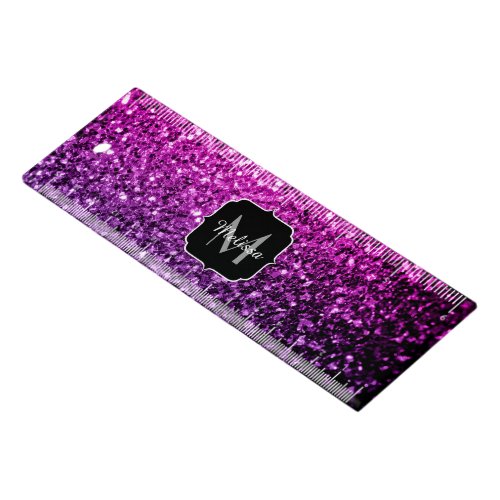 Purple Pink Ombre faux glitter sparkles Monogram Ruler