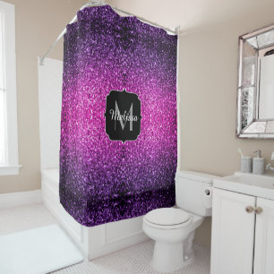 Purple Pink Ombre faux glitter sparkles Monogram Shower Curtain