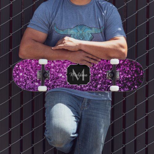Purple Pink Ombre faux glitter sparkles Monogram Skateboard Deck