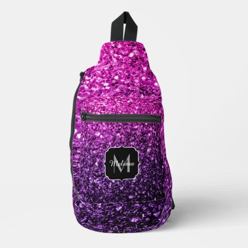 Purple pink ombre faux glitter sparkles Monogram Sling Bag