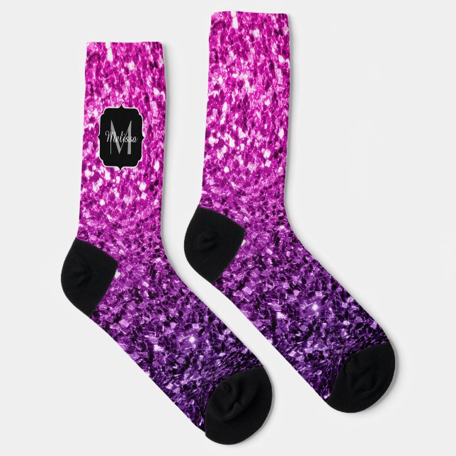 Purple Pink Ombre faux glitter sparkles Monogram Socks (Right)