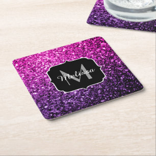 Purple Pink Ombre faux glitter sparkles Monogram Square Paper Coaster
