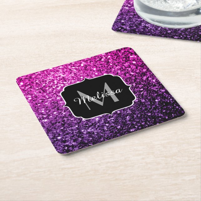 Purple Pink Ombre faux glitter sparkles Monogram Square Paper Coaster (Angled)