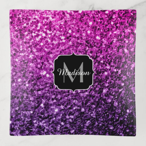 Purple Pink Ombre faux glitter sparkles Monogram Trinket Tray