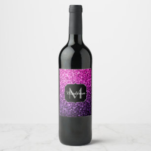 Purple Pink Ombre faux glitter sparkles Monogram Wine Label