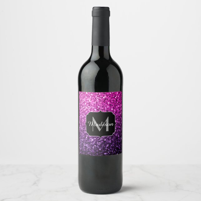 Purple Pink Ombre faux glitter sparkles Monogram Wine Label (Front)