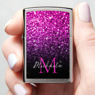 Purple Pink Ombre faux glitter sparkles Monogram Zippo Lighter