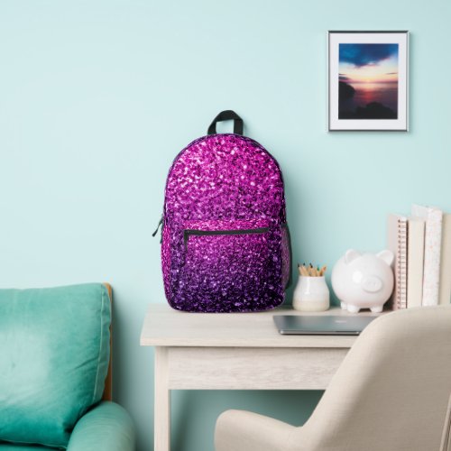 Purple pink ombre faux glitter sparkles printed backpack