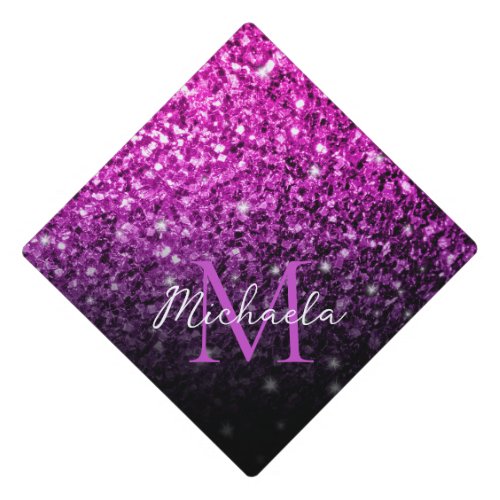 Purple Pink Ombre faux sparkles bling Monogram Graduation Cap Topper
