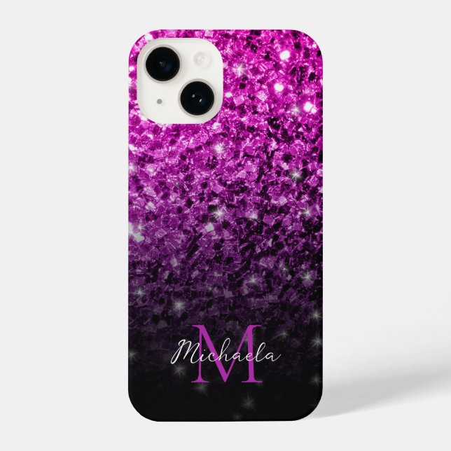 Purple Pink Ombre faux sparkles bling Monogram iPhone Case (Back)