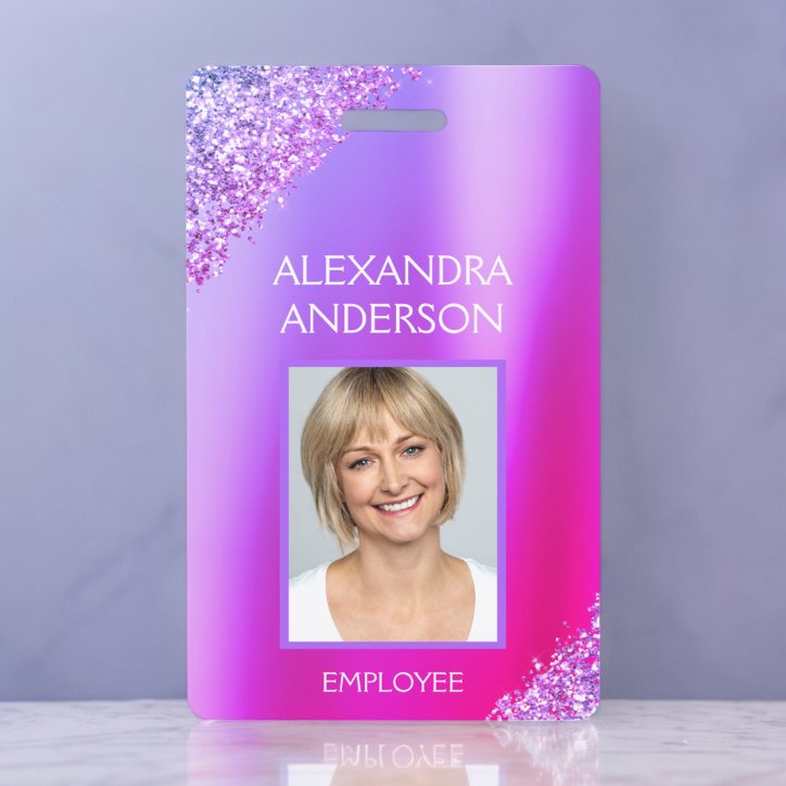 Purple Pink Ombre Glitter Office Business Badge