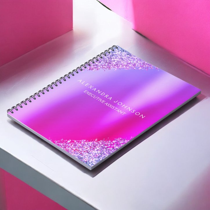 Purple Pink Ombre Glitter Office Business Notebook