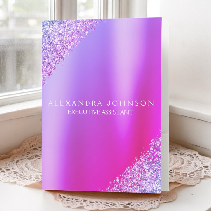 Purple Pink Ombre Glitter Office Business Pocket Folder
