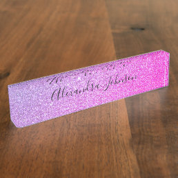 Purple Pink Ombre Glitter Sparkle Girly Modern Desk Name Plate
