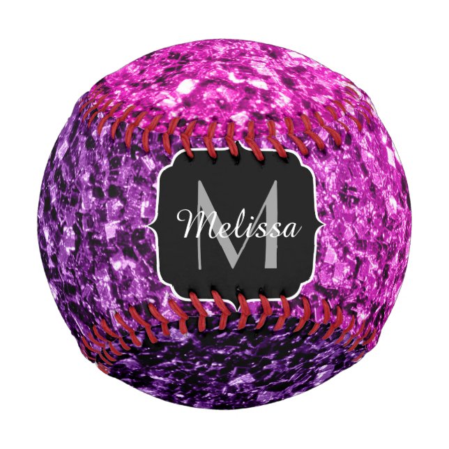 Purple pink ombre glitter sparkle Monogram name Baseball (Front)