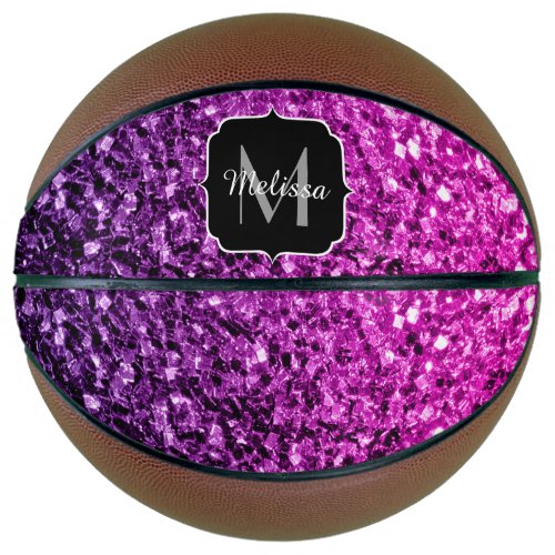 Purple pink ombre glitter sparkle Monogram name Basketball