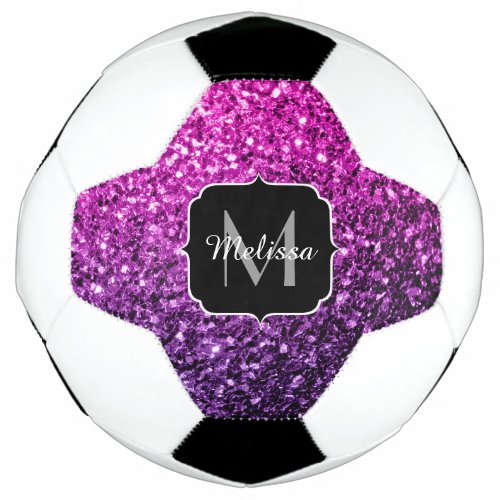 Purple pink ombre glitter sparkle Monogram name Soccer Ball