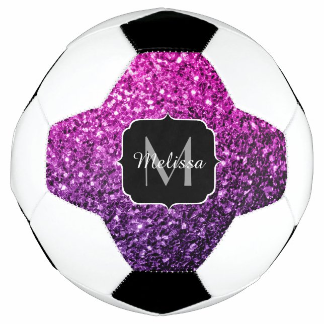 Purple pink ombre glitter sparkle Monogram name Soccer Ball (Front)