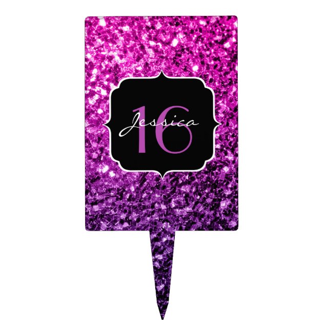 Purple Pink Ombre glitter sparkles Sweet 16 Cake Topper (Front)